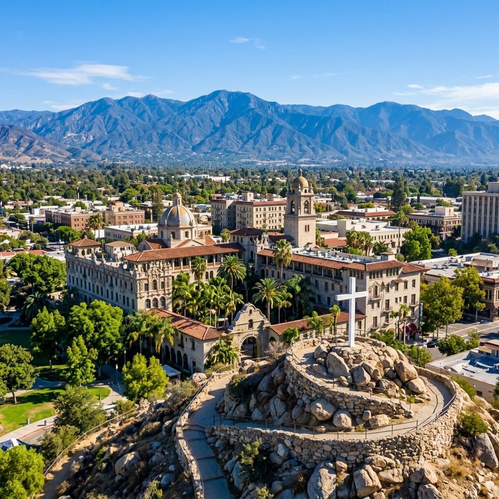 Aerial view of downtown Riverside, California real estate showing historic Mission Inn architecture with Mount Rubidoux and the San Gabriel Mountains in the background.