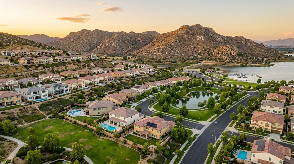 Aerial view of residential homes and suburban neighborhoods in Moreno Valley California with Box Springs Mountain in the background.