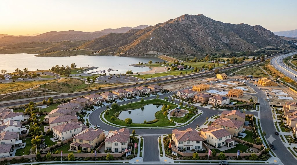 Aerial view of master-planned housing developments in Perris California with Lake Perris and surrounding mountains in the background.