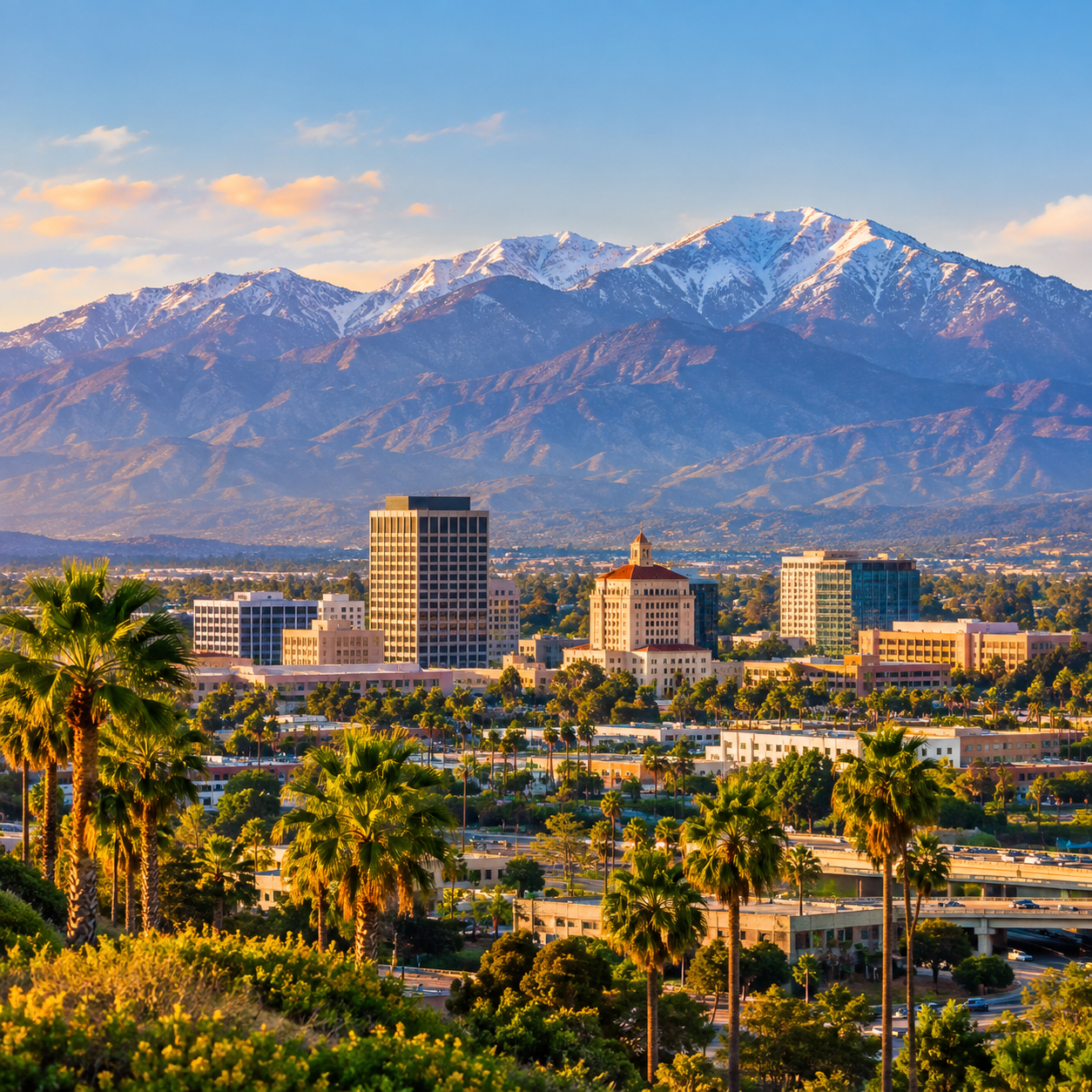 San Bernardino CA city skyline with San Bernardino Mountains