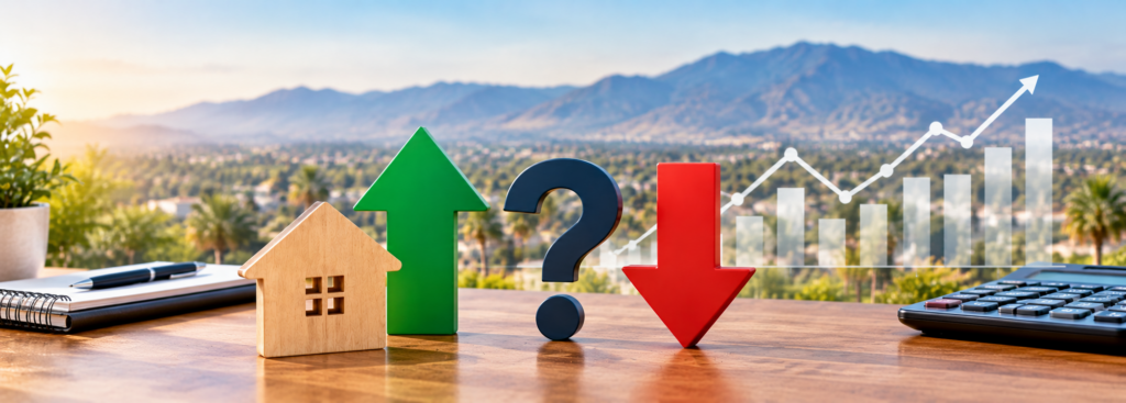 Corona CA housing market trends represented by rising and falling arrows, a question mark, and real estate market charts