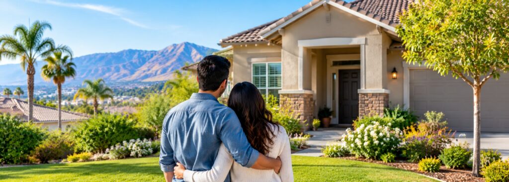 First-time homebuyers viewing a suburban home in Riverside, California