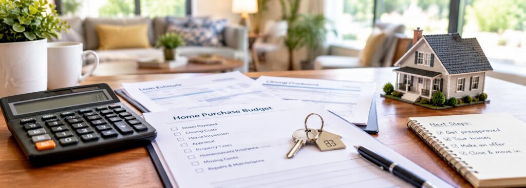 Home buying budget planning with house keys, calculator, paperwork, and a house model