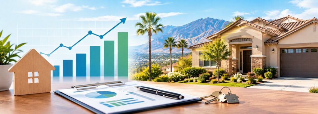 Perris CA real estate market update featuring a suburban home and housing market growth charts