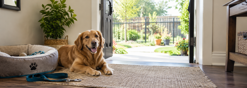 Pet-friendly home with a comfortable entryway, dog bed, leash, and fenced garden
