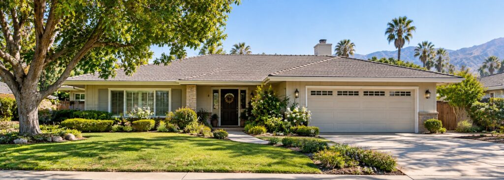 Single-story ranch-style home with landscaped front yard in Southern California